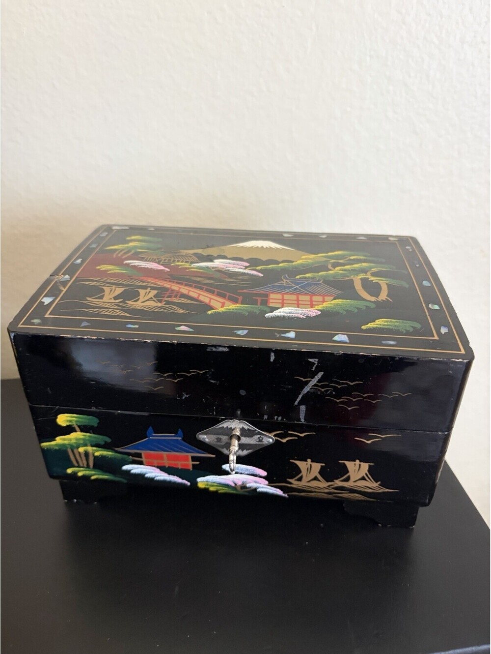 Japanese Musical Jewelry Box Hand Painted Black Lacquered Ballerina Mirrors Key